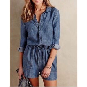 Anthropologie Level 99 Chambray Jumpsuit Linen Blend Tie Waist Romper
